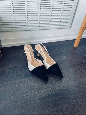 Two-Tone Black and White Pointed Slingback Heels